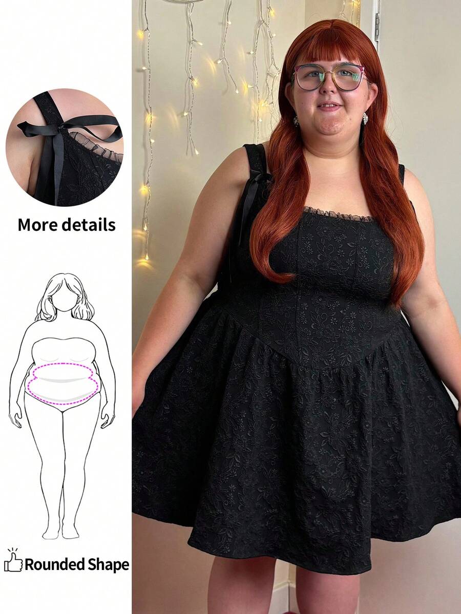 Enliva Vestido De Cintura Com Laço Plus Size Jacquard Para Mulheres - Preto - Ver 1