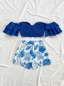 Soleia 2pcs Set: Shoulder Top With Ocean Print Shorts, Metallic Starfish Decor, Knit Stretch Fabric, Autumn/Winter - Blue and White - View 2
