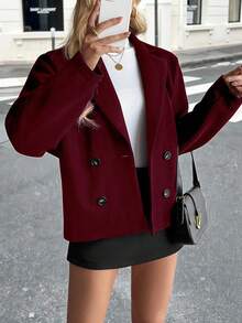 Pariaura 优雅独特的插肩宽松翻领双排扣尼龙夹克，秋冬 - 酒紅色 - 查看 6