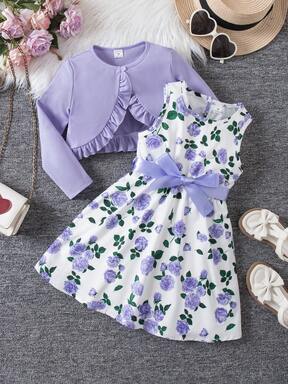 SHEIN 2pcs/Set Young Girls' Blue Floral Porcelain Print Dress & Ruffle Trim Cardigan