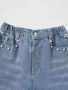 Quần jeans ống rộng cho bé gái tuổi teen, màu xanh nhạt, đính ngọc trai, điểm nhấn ngọc trai ở đường may bên hông và túi, cùng gấu quần tua rua tạo nên thiết kế sành điệu và ngọt ngào. - Rửa nhẹ - Xem 6