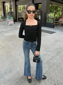 SHEIN 青少年女孩黑色褶皱长袖 T 恤，袖口开衩，腰部褶皱，U 领，方领 T 恤，黑色上衣，适合秋冬 - 黑色 - 查看 3