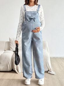 SHEIN 2件套孕妇休闲/办公室蝴蝶印花长袖上衣和背带裤套装 - 藍色 - 查看 6