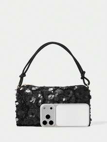 SHECARRY Geantă de umăr cu paiete și model floral pentru femei, potrivită pentru scene de petrecere și întâlniri - Negru - Vizualizare 5