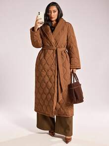 SHEIN BAE Plus Size Fashionable Versatile Solid Color Belted Jacket, Winter - Brown - View 8