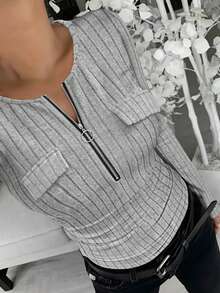 EMERY ROSE 女士优雅修身圆领拉链抓绒罗纹长袖T恤，秋冬款 - 灰色 - 查看 1