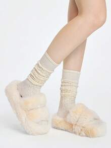 ROMWE Kawaii 2025 New Women's Winter Thick Sole High Heel Fluffy Slippers, Outdoor Wear Autumn New Fairy Style Petite Slouchy Elevator Platform Slippers, Indoor Office Slippers, Size 34-42 - Beige - View 5