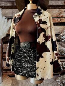 EMERY ROSE Women's Patterned Long Sleeve Loose Casual Button-Up Shirt - Camel - View 1