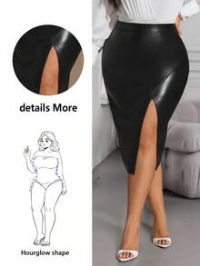 Hourglow Saia de Couro PU Elegante com Fenda Lateral em Cor Sólida para Mulheres Plus Size, Outono/Inverno - Preto - Visão 1