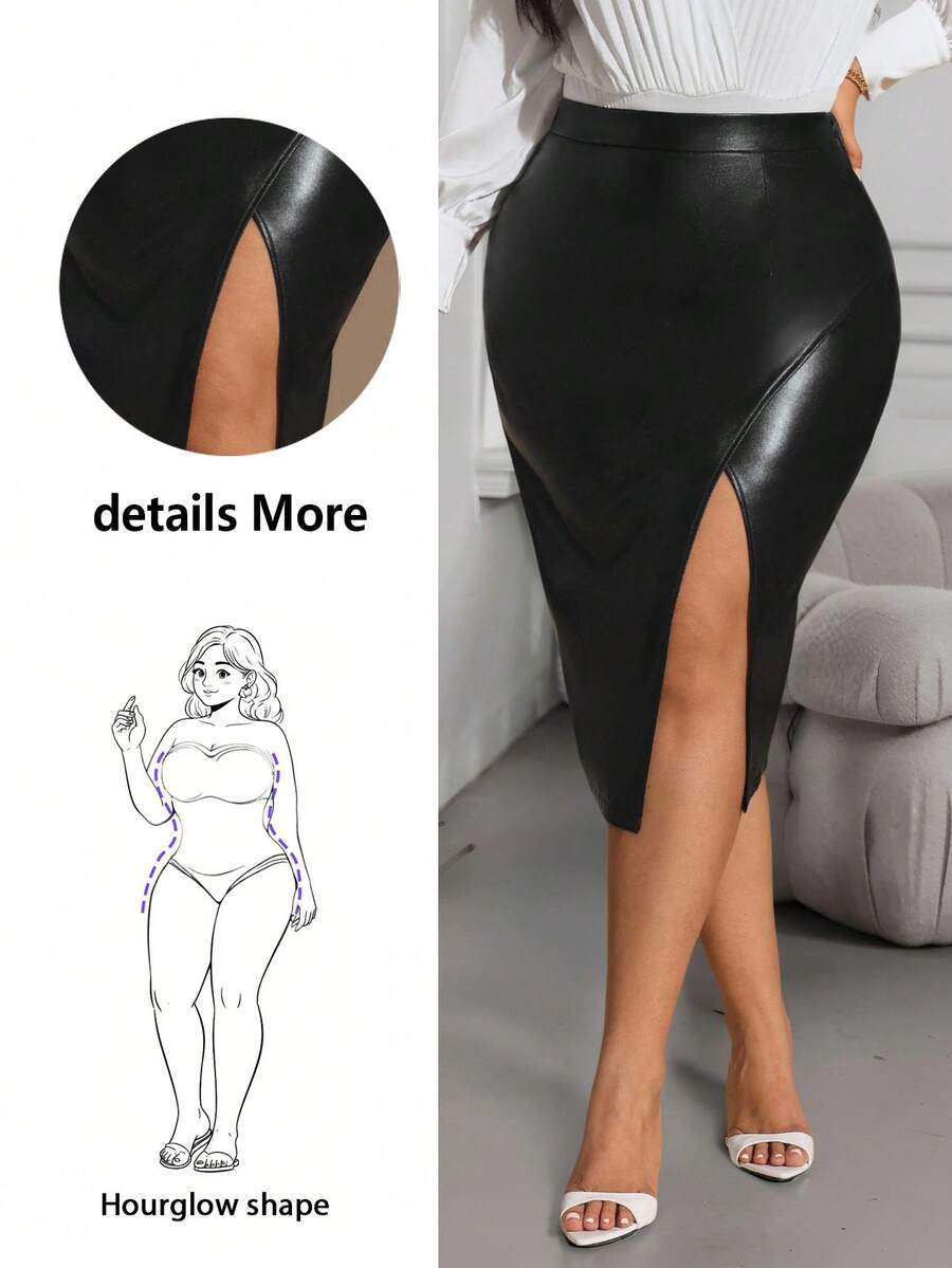 Hourglow Saia de Couro PU Elegante com Fenda Lateral em Cor Sólida para Mulheres Plus Size, Outono/Inverno - Preto - Visão 1