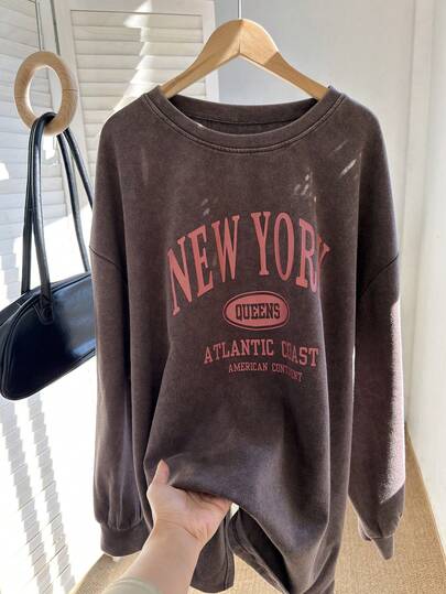 Comfortcana Plus Size Acid Washed Look Vintage Knitted Distressed Loose Fit Long Sleeve T-Shirt