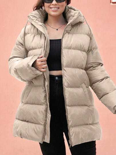 EURMUSE Plus Size Zip Up Drawstring Hooded Padded Coat