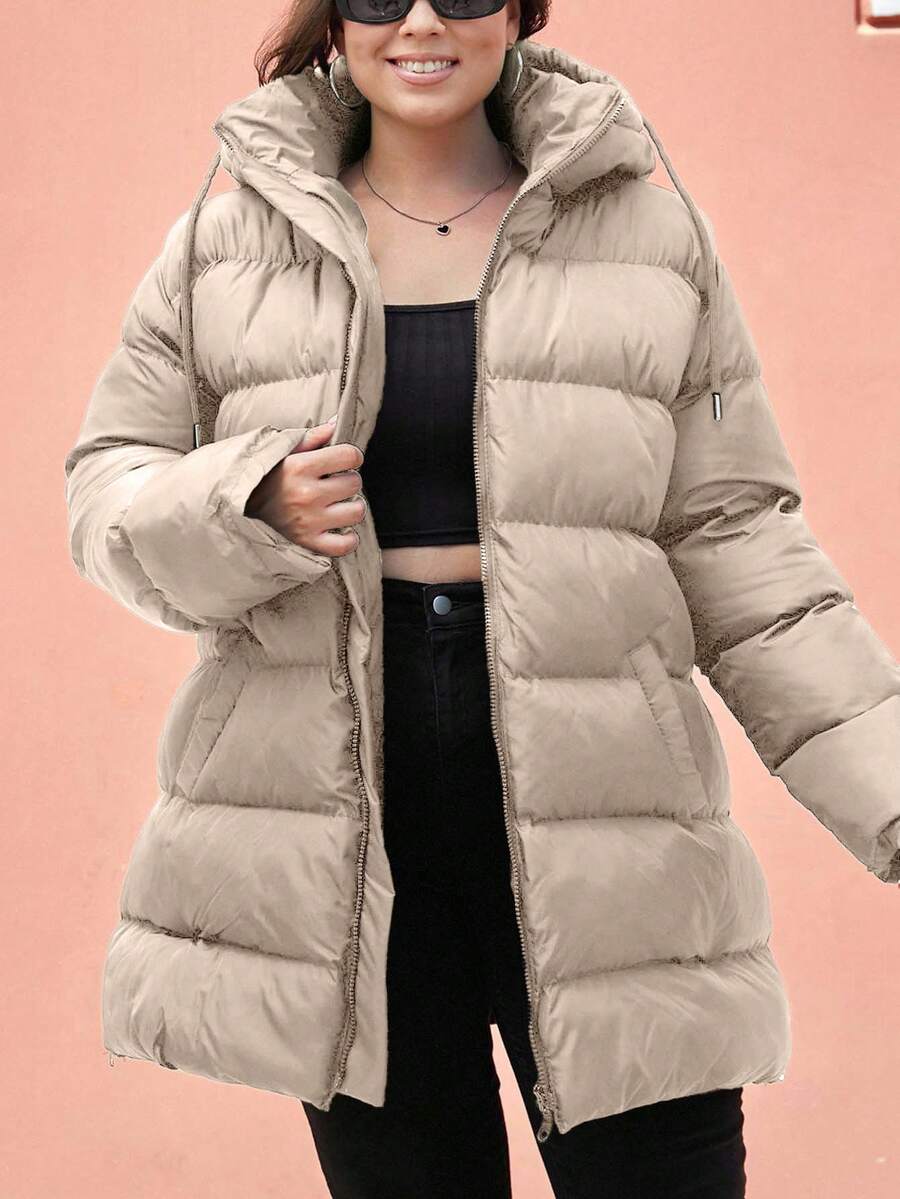 EURMUSE Plus Size Zip Up Drawstring Hooded Padded Coat - Cream - View 1