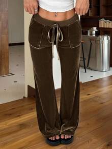 SHEIN EZwear Women's Brown Velvet Casual Pants, Simple & Fashionable For Everyday Wear - Brown - View 4