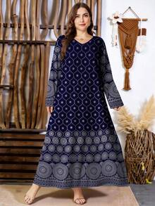 SHEIN Najma Robe maxi élégante à manches longues, col en V, imprimé numérique géométrique mandala, style arabe, pour femmes grandes tailles, printemps - Multicolore - Voir 3