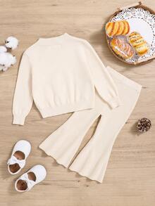 Baby Girl Casual Long Sleeve Round Neck Pullover Sweater And Long Pants Two Piece Set,In Fall/Winter - Beige - View 2