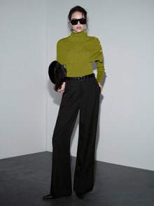 SHEIN Luminelle 新款女士金属纽扣装饰长袖针织毛衣斗篷 - 綠色 - 查看 5