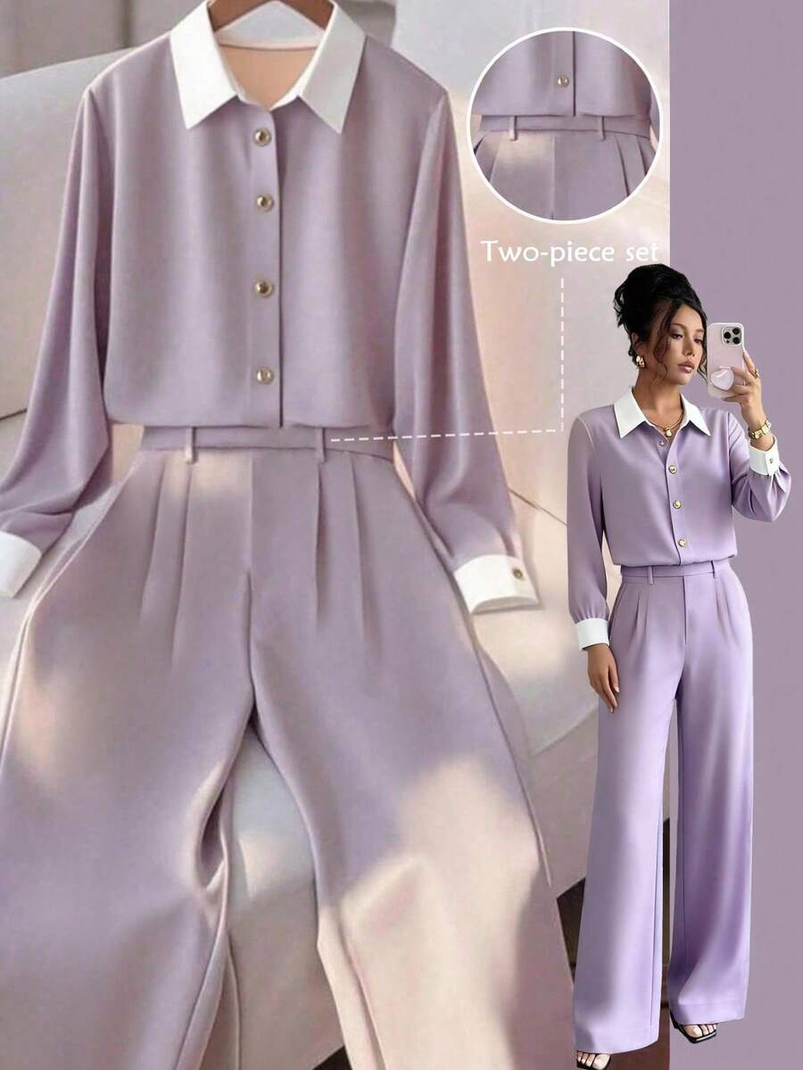 Franclia Conjunto de 2 piezas para mujer, para otoño/invierno, con cuello vuelto, mangas largas, detalles de ribete blanco en el cuello y los puños, cierre delantero con botones en la parte superior, cintura con botones y frente plisado en los pantalones, corte holgado casual y versátil - Multicolor - Ver 1