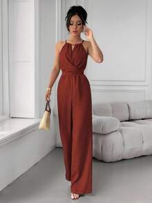 Mono Elegantes De Mujer Casual De Tela Arrugada Don Diseño De Cuello Halter,Cintura Con Cuentas,Botones Y Lazo, Para Primavera/Verano - Color caramelo - Ver 3