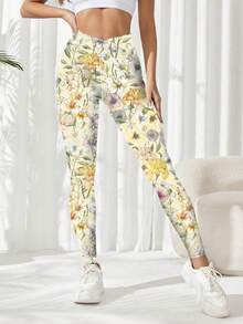 SHEIN Sovereign Charm 女士高腰印花修身瑜伽紧身裤，适合日常穿着 - 淡黃色 - 查看 7