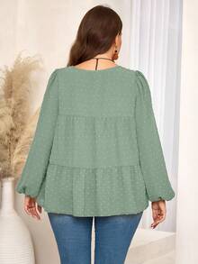 EMERY ROSE Blus Wanita Ukuran Besar Warna Hijau Sage Musim Gugur Elegan Formal Longgar Leher Bulat Lengan Lentera Hem Berkerut, Atasan Pesta Tahun Baru Natal Gaya Boho - Hijau - View 2