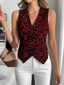 SHEIN LUNE 修身短款豹纹女式上衣，复古风，吊带背心，休闲款 - 酒紅色 - 查看 4