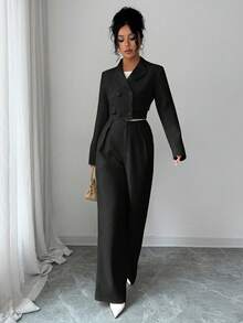 Elenzga 优雅休闲时尚办公通勤返校两件套，方领西装外套搭配宽松直筒裤，秋冬款 - 黑色 - 查看 7