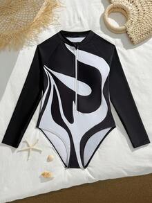 SHEIN 女童黑白印花连体泳衣，沙滩度假泳装 - 黑與白 - 查看 3