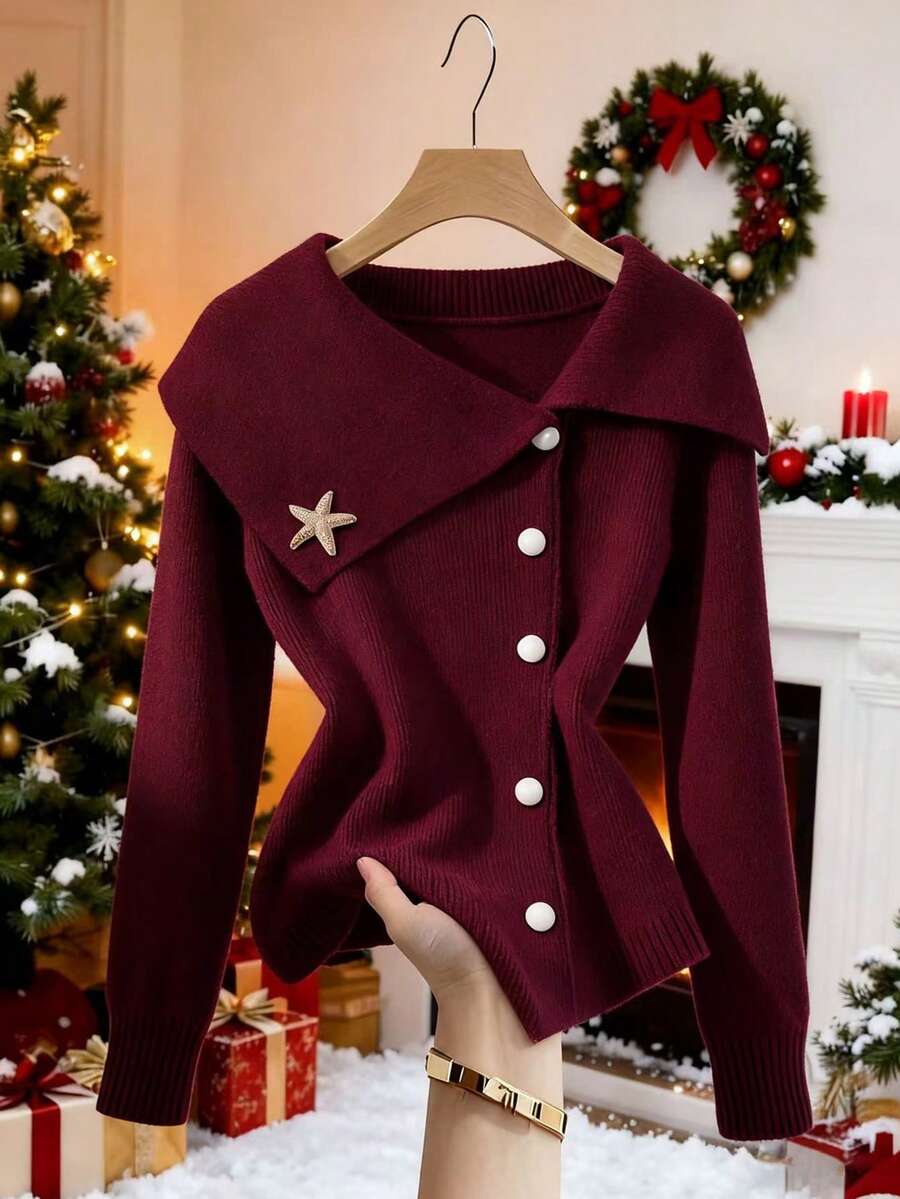Franclia Elegant Metallic Starfish Button Cardigan With Oversized Collar, Waist Cinching Design, Flattering Fit - Inspired By European Fashion Blogger Styles - Burgundy - View 1