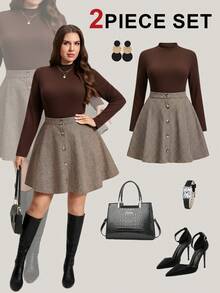 SHEIN LUNE Conjunto elegante de 2 piezas de talla grande con blusa de cuello redondo de manga larga lisa y falda con estampado a cuadros, ropa de otoño de talla grande - Marrón - Ver 1