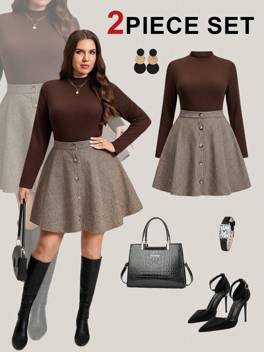 SHEIN LUNE Conjunto elegante de 2 piezas de talla grande con blusa de cuello redondo de manga larga lisa y falda con estampado a cuadros, ropa de otoño de talla grande - Marrón - Ver 1