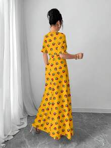 Al Najma Váy chữ A cổ tròn tay dài in họa tiết hoa và thực vật kỹ thuật số dành cho nữ, mùa xuân/hè - Nhiều màu - Xem 2