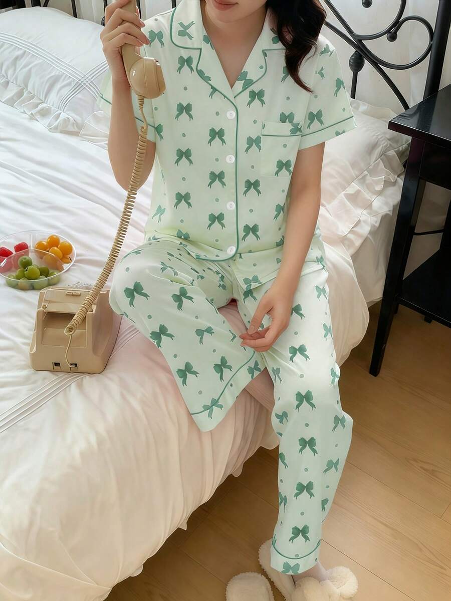 情人节珊瑚橙色缎面面料优雅白色蝴蝶印花图案全印花长裤,短袖开衫,宽松休闲服,适合青少年女孩,绿色真丝睡衣 - 綠色 - 查看 1