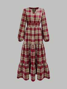 LanaWest 女士卡其棕色格子可追溯面料圆领小褶皱收腰罩衫连衣裙，下摆设计 - 紅色 - 查看 3