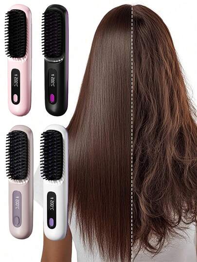 Wireless Hair Straightening Comb, Portable Straightener Brush ,Negative Ion Hot Comb, Suitable For Straight Or Slightly Curly Hair With Soft Texture, Anti-Scald Design, USB Rechargeable Hair Straightener Brush, Perfect Gift For Holiday,Portable Straightening Brush For Travel, Best Gift For Women