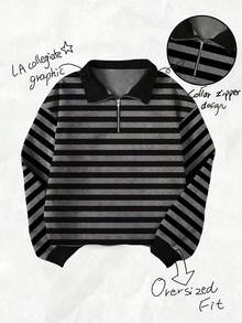 少女拉链半开襟落肩长袖休闲条纹宽松卫衣 - 彩色 - 查看 4