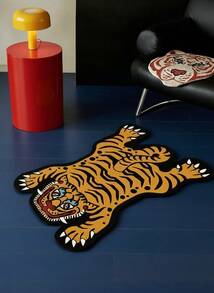 Joivida 1pc Asymmetrical Shaped Tiger Carpet Rug, Bedroom Bedside Mat - Yellow - View 1