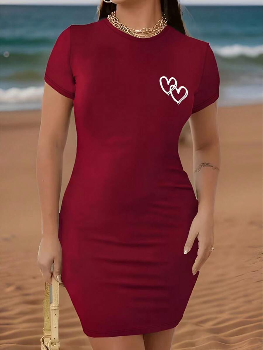 EMERY ROSE 女士休闲日常通勤海滩度假爱心印花修身短连衣裙，夏季