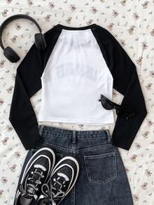 SHEIN Áo thun tay raglan tối giản, thoải mái dành cho bé gái tuổi teen - Đen và trắng - Xem 2
