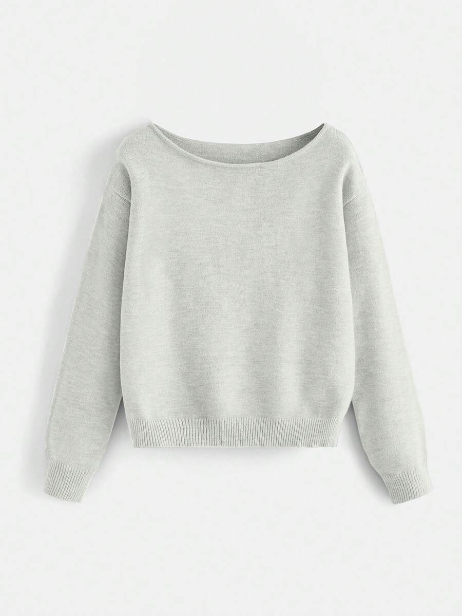 EURMUSE Women's Casual Solid Color Boat Neck Dropped Shoulder Sweater, Autumn/Winter - 奶油色 - 查看 1