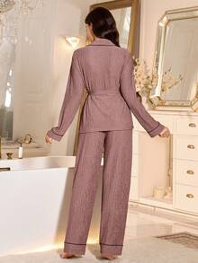 SHEIN Women's Contrast Trim Belted Sleepwear Pajama Set, Winter Clothes - Pink - View 3