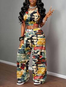 Slaydiva 女士秋季服装/女士冬季服装/女士外出上衣/Y2K服装/街头服饰/涂鸦印花/女士休闲街头风紧身吊带衫和宽松长裤两件套/适合早午餐的两件套女士夏季两件套裤装两件套度假套装女士两件套女士两件套早午餐两件套女士两件套夏季两件套女士两件套 - 彩色 - 查看 6