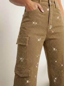 Denimoi Quần áo thu đông nữ, quần jeans ống đứng cạp vừa màu đen đính đá nhiều túi, thường ngày. Thích hợp mặc hàng ngày, đi chơi, hòa nhạc, lễ hội, tiệc tùng, câu lạc bộ, trang phục Giáng sinh cho nữ. - màu nâu - Xem 5