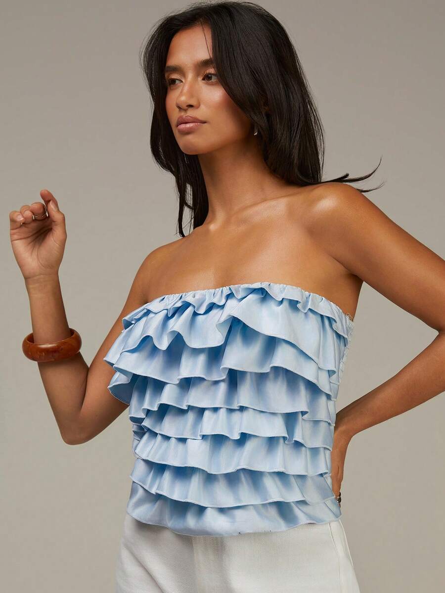 Athîral Women's Casual Baby Blue Fashion Multi-Layered Ruffled Strapless Top, Blue Strapless Top, Woven Fabric, Slim Fit, Summer Top, Beach For Women, Casual For Women, Blue Tube Top, Ruffled Top, Baby Blue Top Women, Ruffle Bandeau Top, Strapless Ruffled Top, Spring Summer - Blue - View 1