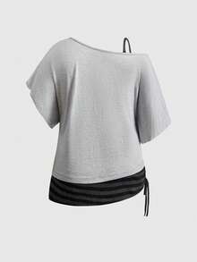 ROMWE Grunge Punk Áo thun cổ điển rộng rãi màu khối phong cách Punk Grunge tối màu, vai bất đối xứng, cỡ lớn, màu đen - Xám - Xem 2