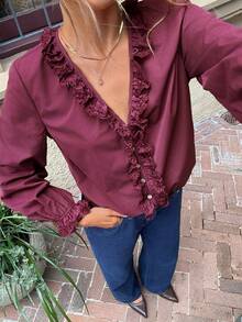 Serisse 女士时尚休闲纯色荷叶边衬衫 - 玫紅色 - 查看 6