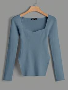 SHEIN Cottnline 女士纯色心形领长袖休闲套头毛衣 - 灰色 - 查看 5