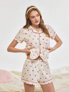 Bonmuse Cherry Printed Sweet Sleepwear Set With Lapel Button Up Top And Bowknot Shorts For Womenfor Summer - Apricot - View 7