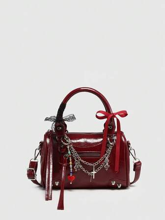 Kawaii Bolso de moto estilo retro Y2K para mujer, con estilo punk, decorado con remaches, cierre múltiple, de cuero artificial con efecto de aceite y cera, portátil, tipo Boston, que se puede llevar cruzado para salir, fiestas y citas