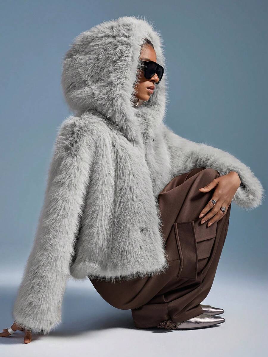 GENKIRA 女士仿毛皮连帽休闲外套，黑灰混色，时尚别致 - 淺灰色 - 查看 1